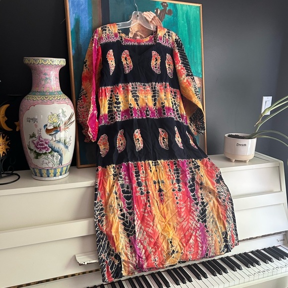 Boho Colorful Women's Indian Blouse Tie Dye & Black Accents Large Free Size - Picture 5 of 16